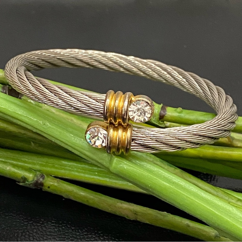 Unsigned Two-Tone Twisted Cable Open Cuff Cz End … - image 1